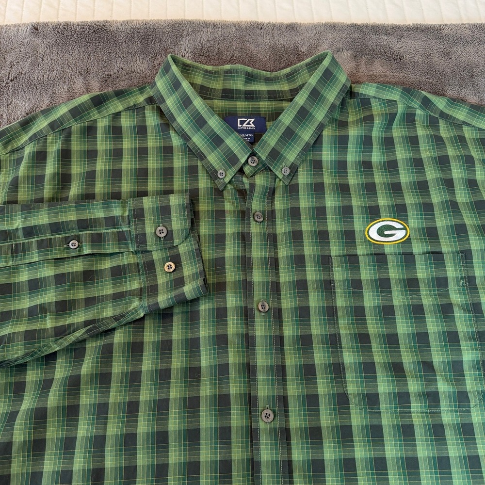 Green Bay Packers Cutter & Buck Button Down Shirt Mens 4XB Plaid Long Sleeve
